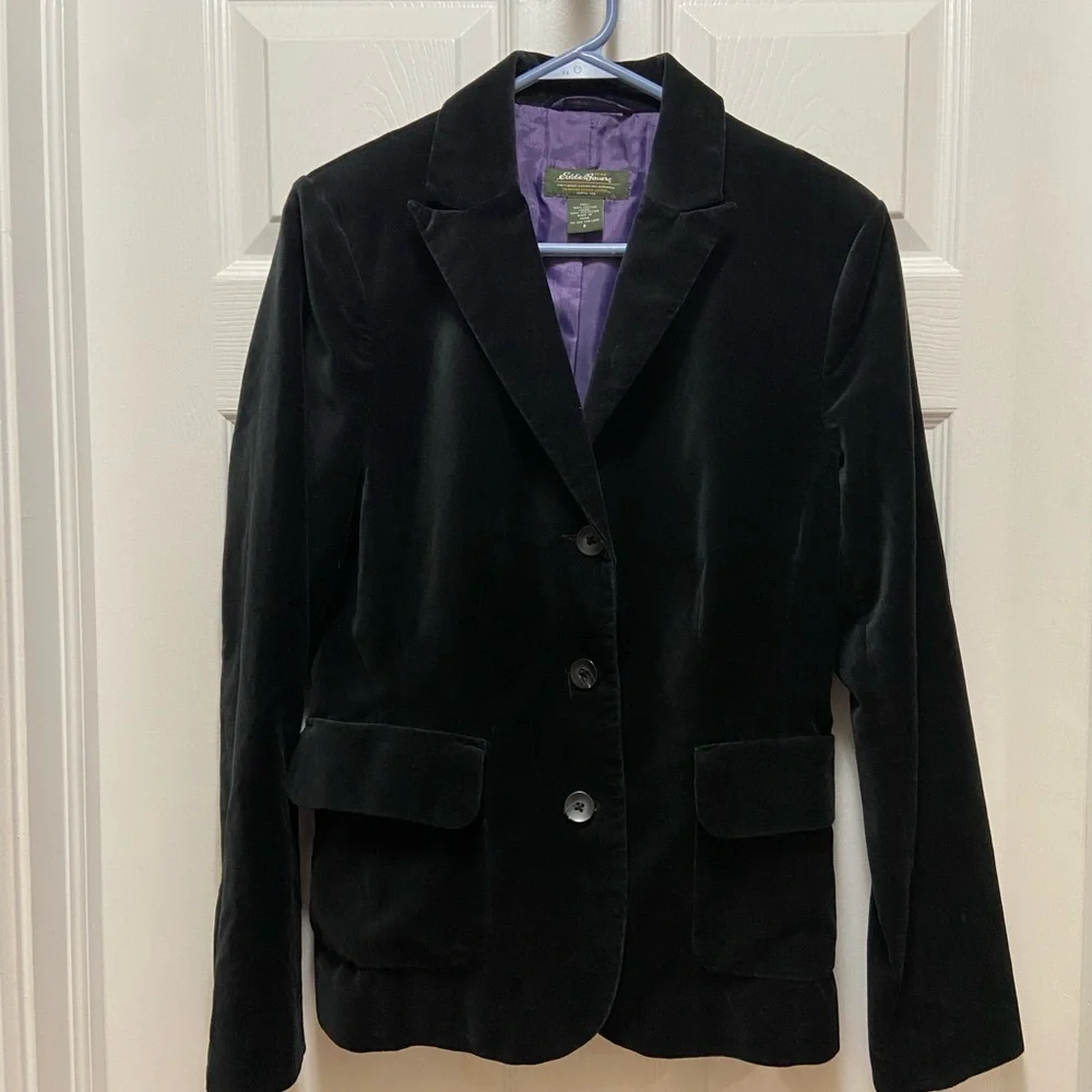 Vtg Eddie Bauer Womens 8 Velvet Velour 3 Button Blazer Jacket Suit Coat Black - Picture 1 of 4